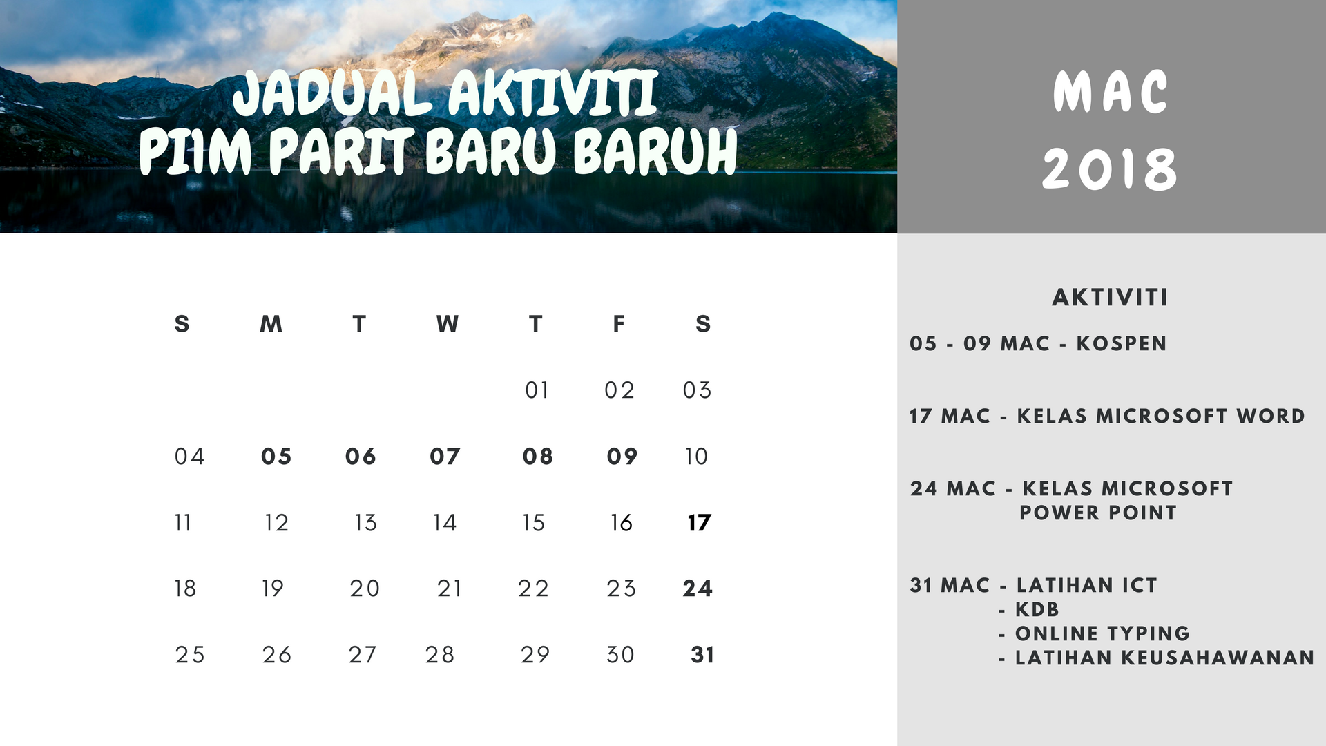 jadual aktiviti mac 2018