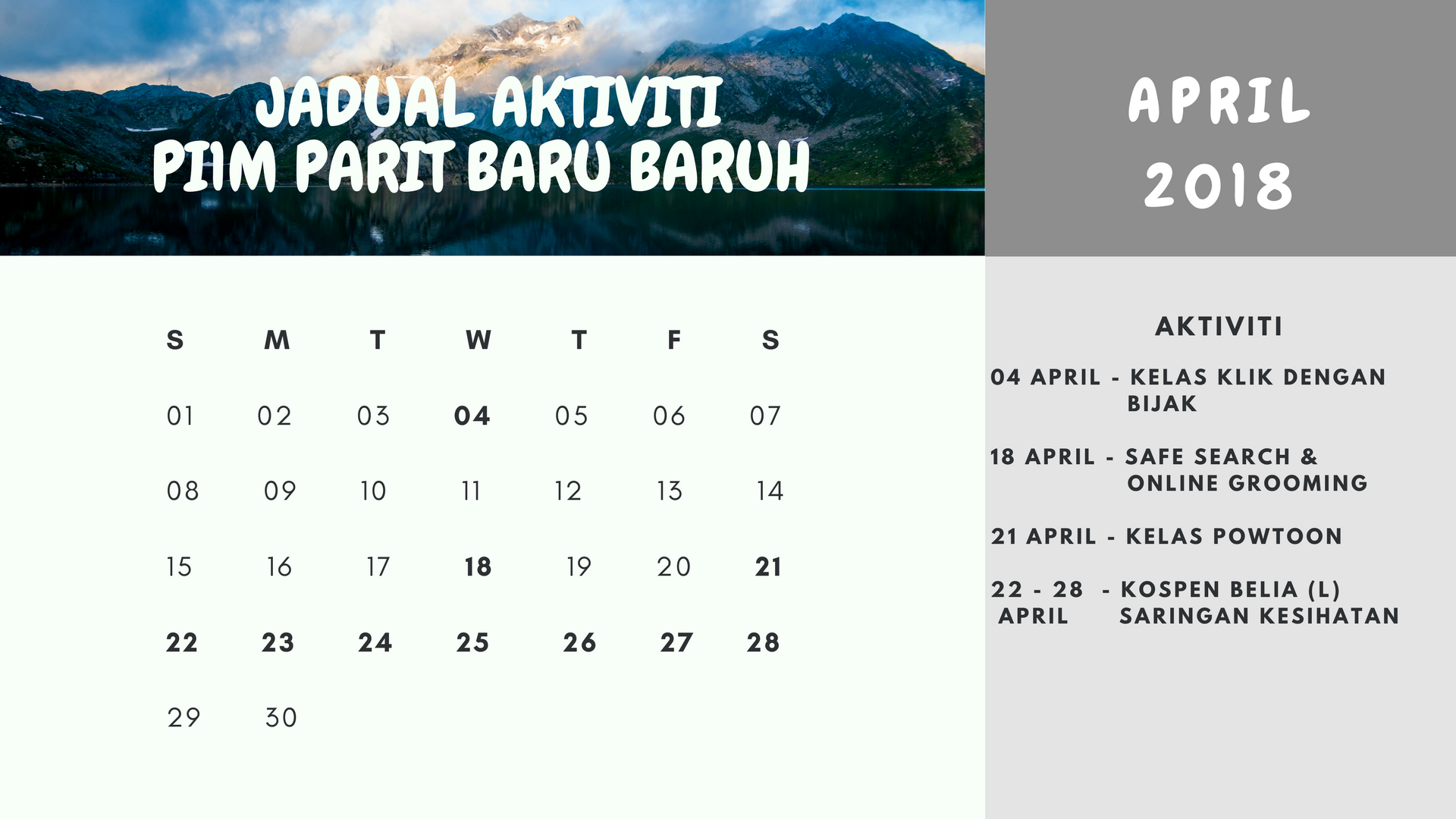 jadual aktiviti april 2018